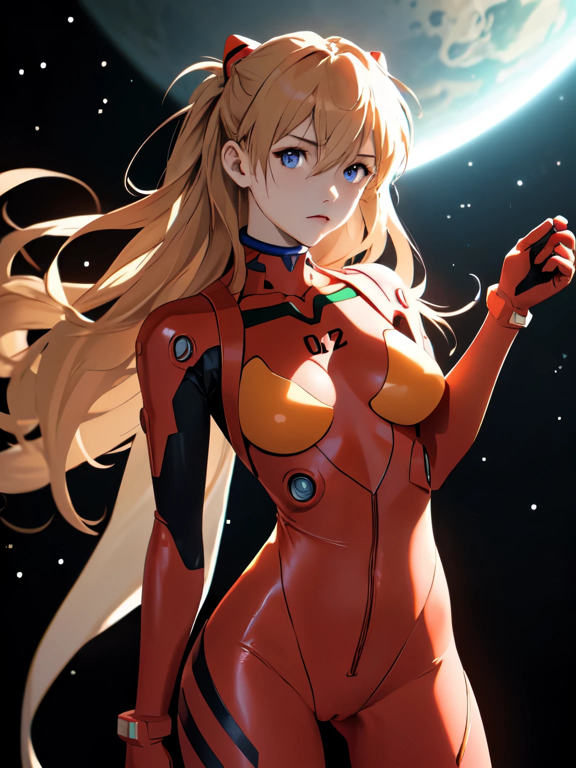 (masterpiece, highest quality), One girl, Beautiful Face, Beautiful body, souryuu_Asuka_Langley, Plug Suit, Bodysuits, Interface Headset, red Bodysuits, Hair between the eyes, Pilot Suit,((Show your whole body:1.5)), The background is space (Amazing details, Excellent lighting, Wide-angle)