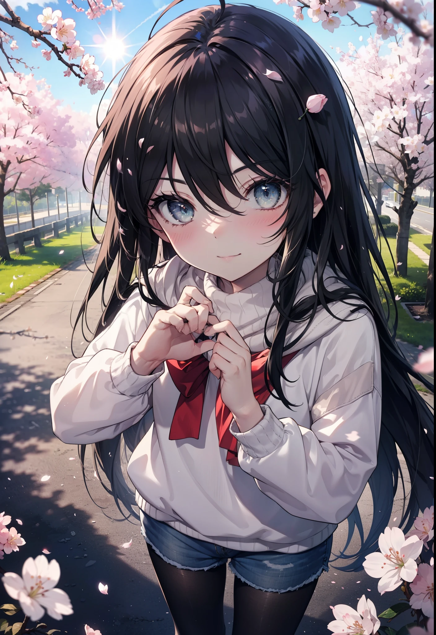 Shana,灼眼のShana,Ahoge,Long Hair,Black Hair, Black eyes Small breasts,smile,blush,White Sweater,Shorts,Black pantyhose,Mini Boots,Cherry blossom tree-lined path,Cherry blossoms are blooming,Cherry blossoms are scattered,morning,morning陽,The sun is rising,Looking down from above,
break looking at viewer, (Cowboy Shot:1. 5)
break outdoors, garden,
break (masterpiece:1.2), highest quality, High resolution, unity 8k wallpaper, (figure:0.8), (Detailed and beautiful eyes:1.6), Highly detailed face, Perfect lighting, Extremely detailed CG, (Perfect hands, Perfect Anatomy),