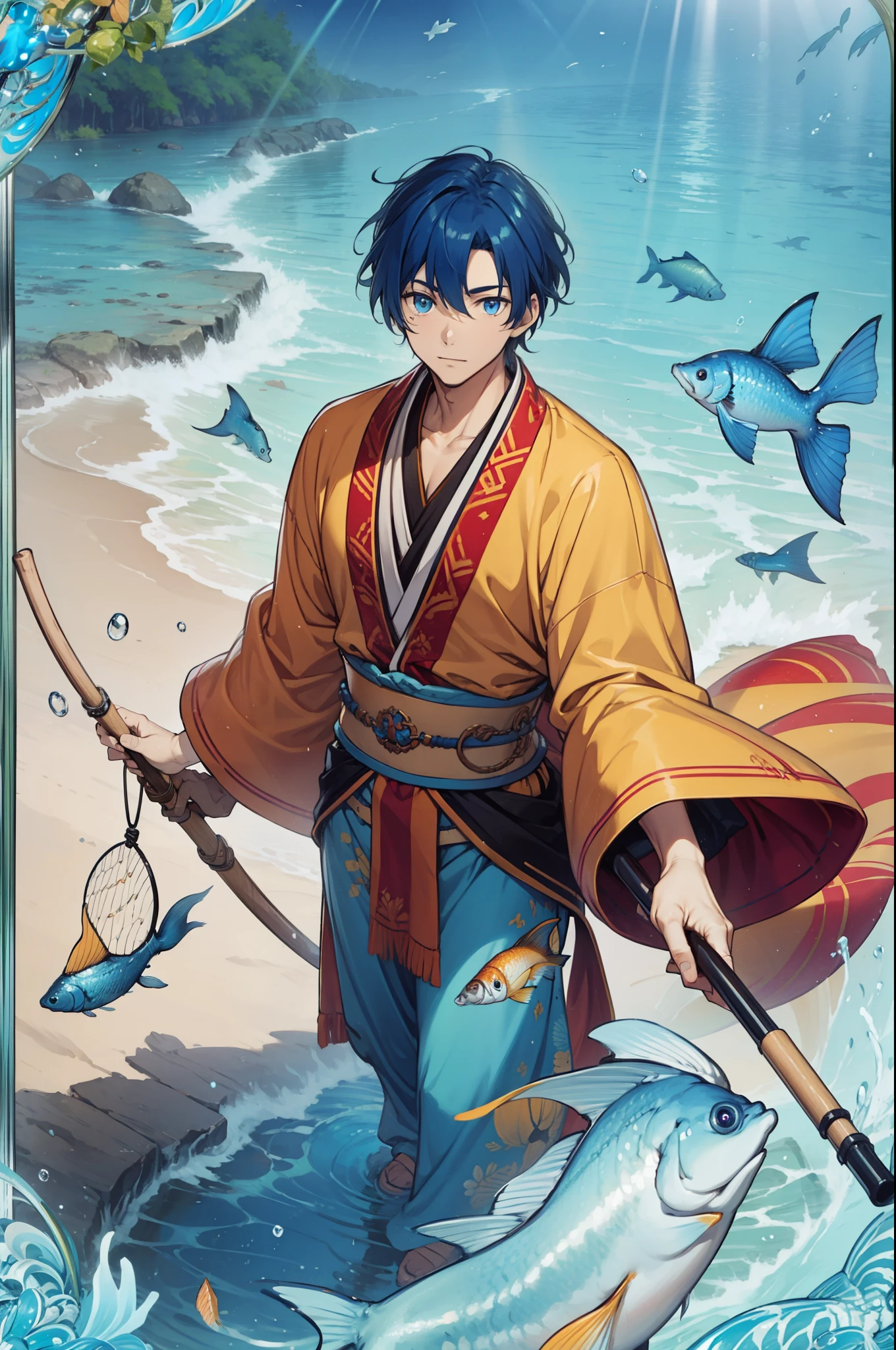 male, handsome male, (male), (man), blue eyes, blue hair, big fish, plenty of fish, many fish, ,fish everywhere, detailed fish, big fish, small fish, colorful fish,