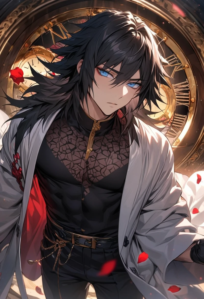absurdres, highres, ultra detailed, HDR, masterpiece, extremely detailed face and eyes, perfect face, Tomioka Giyu, black untamed hair, with bangs, expressive blue eyes, Kimetsu No Yaiba, solo, sexy man, handsome, white coat, tight black shirt, black pants, patterns, red roses, black gloves, petals, in woderland, clock