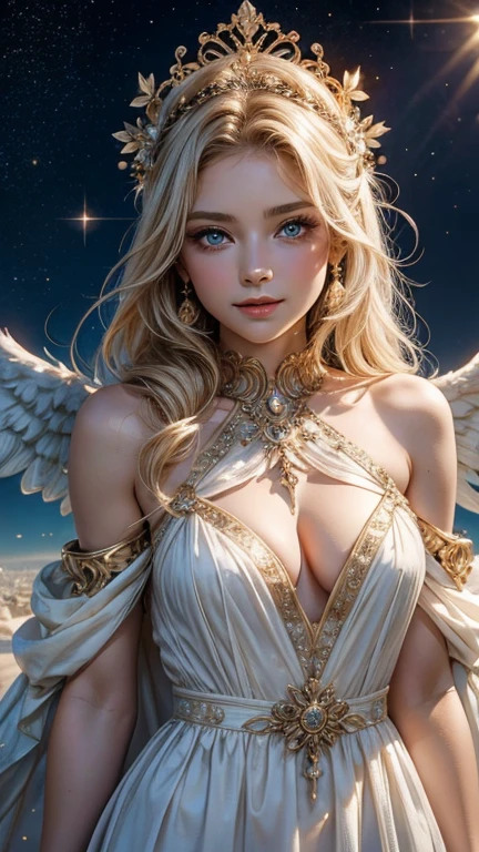 from the front, Look directly at the viewer,A  angel about 8 yearharming and kind smile, Big Blue Eyes, Long eyelashes、blonde,Beautiful gold engraving and white rose hair ornament、 Greek-style dress in white soft material,Space background with lots of sparkling stars,, Realistic,High resolution８K