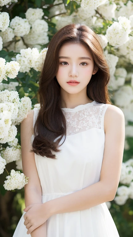（real， High resolution：1.3）， One girl with a perfect body，16 years old, Very beautiful face and eyes，Long Hair， White blouse dress：1.2，The background is covered with white flowers