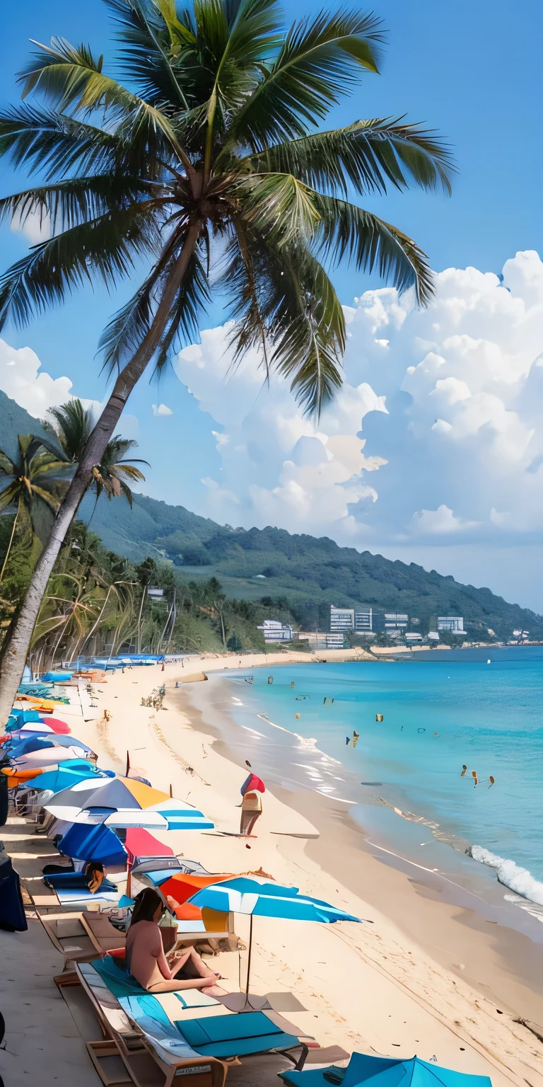 tropical blue sea, a small mountain far away, Lush palm trees, many people on the beach, patong beach, so many people, People sitting on the beach and looking at the sea
