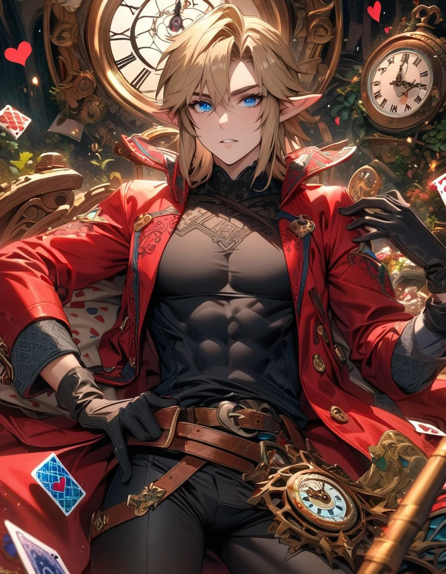 Ultra detailed, highres, absurdres, HDR, Link, ash blond hair, blue eyes, the legend of zelda, red long coat, black tight shirt with patterns, clock, gear, in wonderland, heart cards, sexy man, solo, handsome, very detailed face and eyes, black gloves