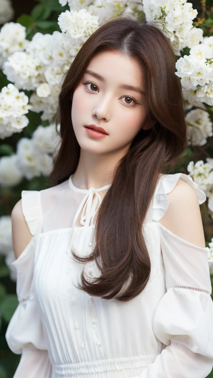 (real, High resolution:1.3), One girl with a perfect body,, Very beautiful face and eyes,Long Hair, White blouse dress:1.2,The background is covered with white flowers