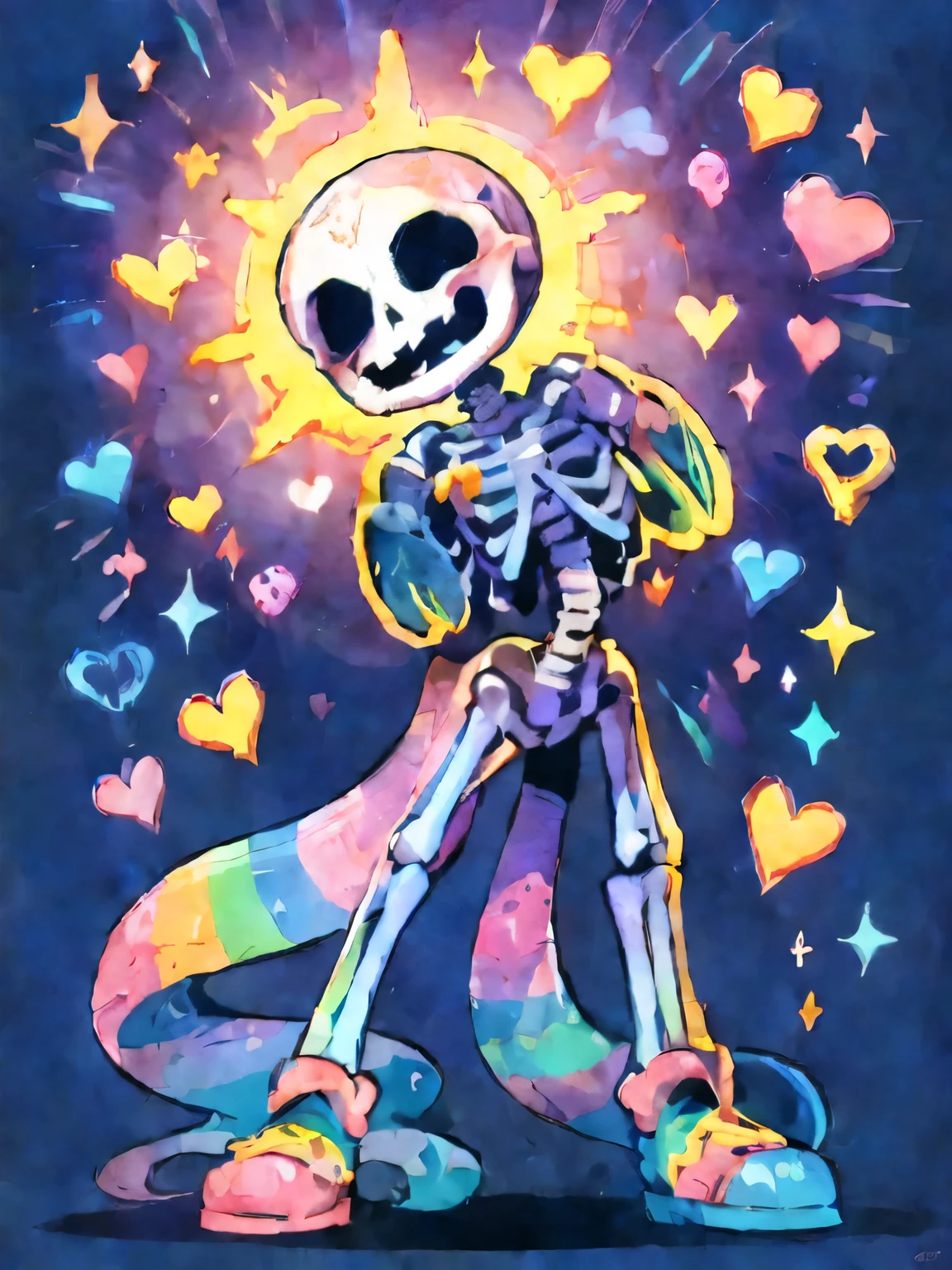 a cartoon skeleton with a skateboard and a rainbow scarf, cute skeleton, Lisa Frank Art Style, Just a joke, saint skeleton queen, lisa frank style, Alex Yanes and Lisa Frank, ( ( ( skeleton ) ) ), lisa frank style, Glowing bones, skeleton girl, skeleton, Full-color digital illustrations, procreate illustrations, skeleton,rainbow,bright,颜色bright,cute,fine,Strong contrast,dark color