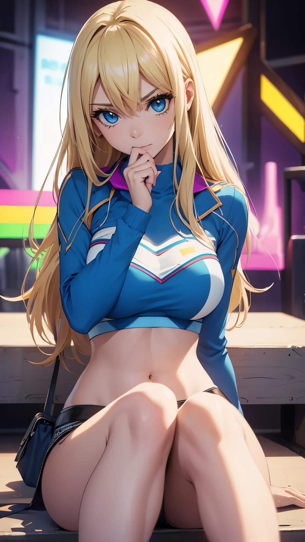 (best quality,highres:1.2),ultra-detailed,realistic,photorealistic:1.37,a beautiful girl model in a pop style,18 years old,long legs,medium breasts,extremely detailed face (with emphasis on azure eyes),wearing tight-fitting clothes (exposing the stomach),sitting in a perfect split pose,illustration,colorful pop art style,dynamic lighting,neon colors