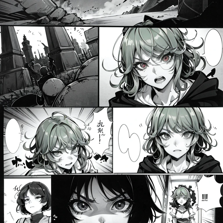 a close up of a person with red eyes, tatsumaki with green curly hair, angry light, mamimi samejima, [ metal ], anime wallaper, the artist has used bright, toga, isekai manga panel, enraged, miko, by Nōami, clean brutal blooded face