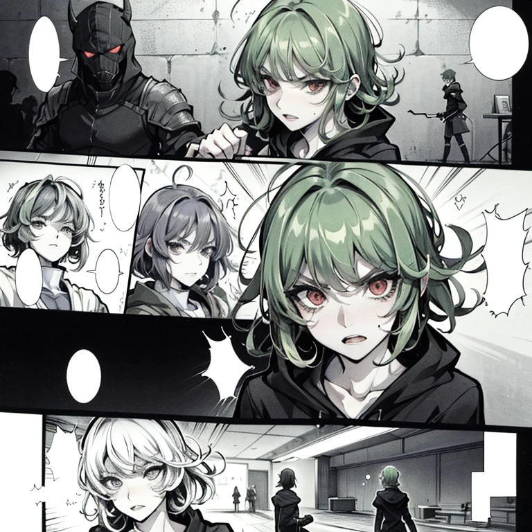 a close up of a person with red eyes, tatsumaki with green curly hair, angry light, mamimi samejima, [ metal ], anime wallaper, the artist has used bright, toga, isekai manga panel, enraged, miko, by Nōami, clean brutal blooded face