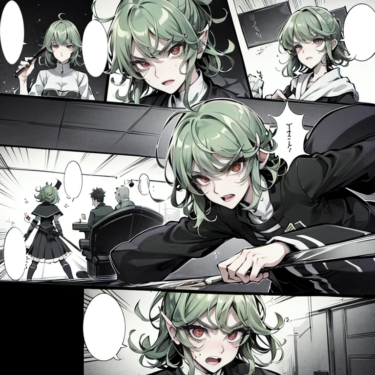 a close up of a person with red eyes, tatsumaki with green curly hair, angry light, mamimi samejima, [ metal ], anime wallaper, the artist has used bright, toga, isekai manga panel, enraged, miko, by Nōami, clean brutal blooded face