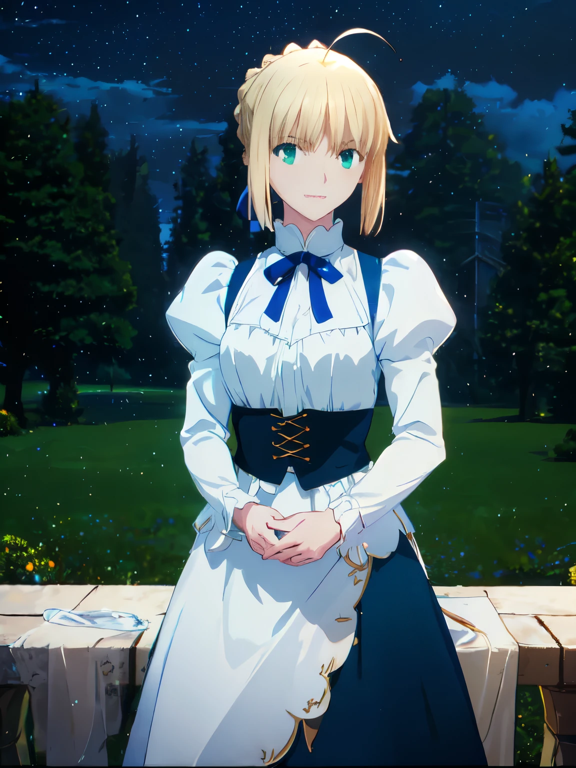 (masterpiece:1.4), (best quality:1.4), realistic, 1girl, artoria pendragon \(fate\), fair skin, large breast, night time, little ahoge, green eyes, white shirt, blue skirt, happy, blush, little smile, stand, in the castel, face focus, from the front, looking at viewer, good pose, night time, close up view