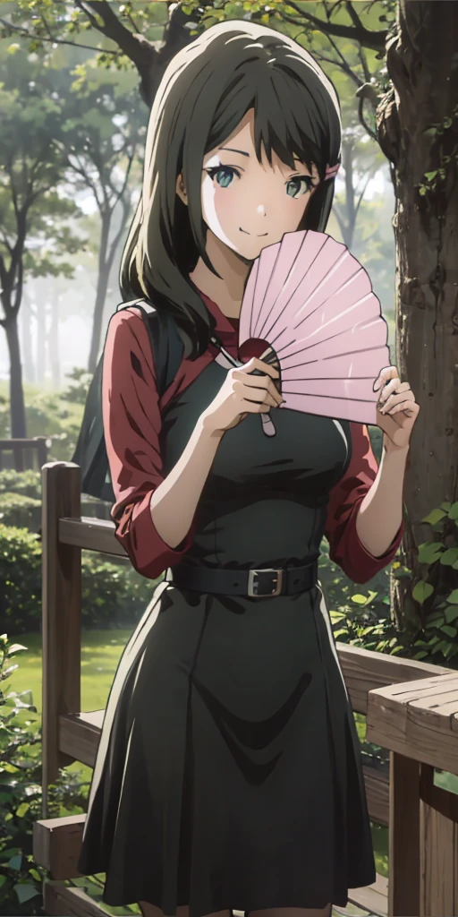 A woman with short dark brown hair, faint green eyes, smiling in a fantasy world forest, holding a fan with one hand, big breast (Mizuno Akane)