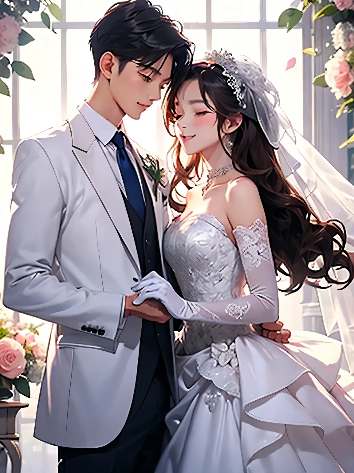 masterpiece, One girl, One boy, dress, Two people, wedding style dress, tie, Couple, smile, Strapless dress, close your eyes, pants, Strapless, Veil, flower, Long Hair, Holding, jewelry, gloves, shirt, necklace, flower bunch, white pants, Holding flower bunch, white dress, blue eyes, white shirt, Open jacket, Holding hands, elbow gloves, white gloves, White jacket, pink tie, bridal Veil, White Background, wedding style, couple, Long sleeve, long dress, pink flower, short hair, Are standing, Novel cover
