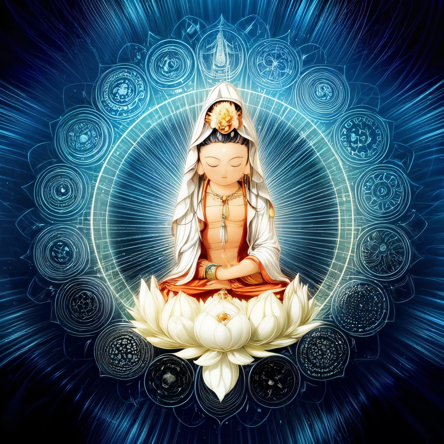 ((mantra and guanyin ,1boy)),cloud,stars,starry sky,rainbow,night,sun,crown,necklace,circle,sitting on lotus,(white flower,white lotus),jewelry,bracelet,crescent moon,earrings,magic circle,flower,bird,clock,blue theme,holding flower,