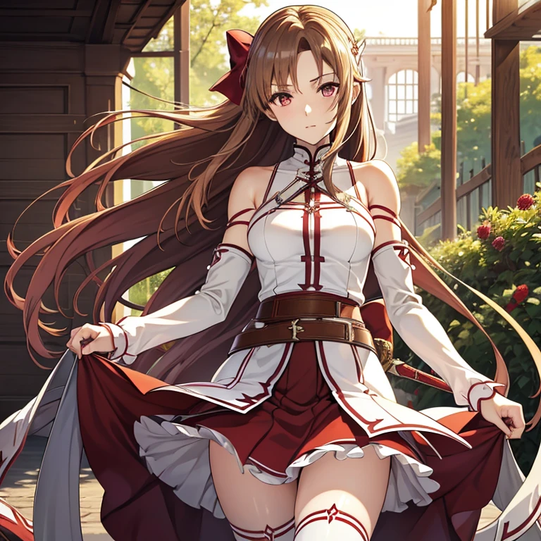 Mature female, extremely fine skin, masterpiece, best quality, extremely detailed face, The best CG, Medium breasts, Bare shoulders, Maroon eyes, Chestnut-colored long straight hair, Bow, White sleeves, white stockings, Red skirt, belt, slim body, watch me, Sword Art Online, Asuna, bright garden