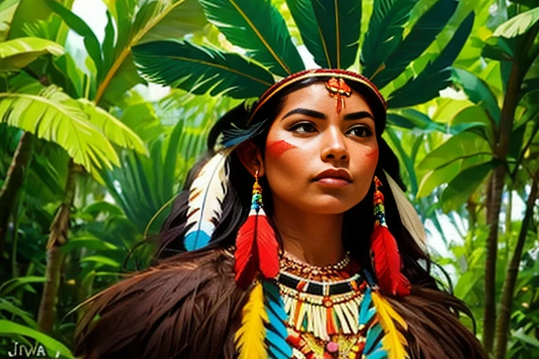 ((foto crua, melhor qualidade)), (realista, fotorrealista:1.2). A beautiful indigenous girl in native costume with feathers and feathers on her head, Amazonian indigenous peoples in Brazil, linda jovem feminina brasileira nativa, Yanomami Indian in typical costumes,alta qualidade. Amazon rainforest background.