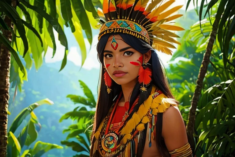 ((foto crua, melhor qualidade)), (realista, fotorrealista:1.2). A beautiful indigenous girl in native costume with feathers and feathers on her head, Amazonian indigenous peoples in Brazil, linda jovem feminina brasileira nativa, Yanomami Indian in typical costumes,alta qualidade. Amazon rainforest background.