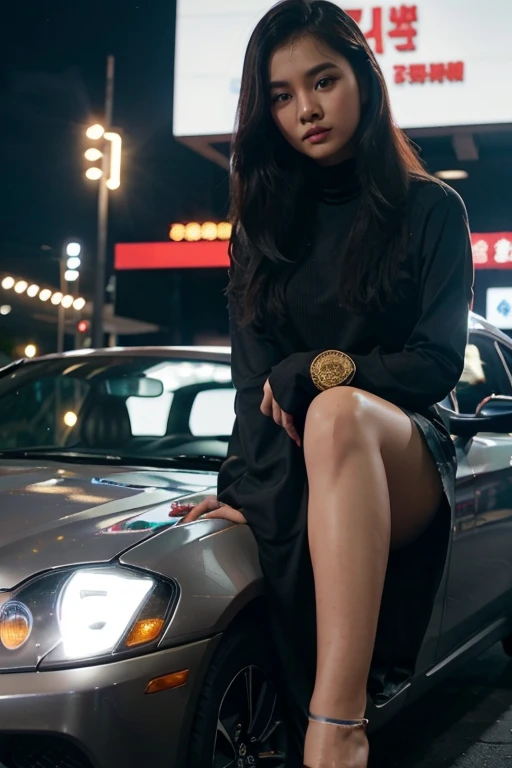 Seorang cewe Taiwan usia 28 tahun cantik putih mulus langsing sedang jongkok di depan Mobil Ferrari merah,Memakai Setelan jas warna Emas dengan Memakai Sepatu Panthople hitam, berambut Pirang, dengan Seorang Cewe usia 25 tahun sedang bersama y,Di Bawah y Ada Tulisan *Alexander Criville Creator* dengan Ejaan bahasa Indonesia yg benar, tampak bagian bawah mobil terangnoleh Neon box Blue Light,dengan mesin on,lampu LED utama depan menyala terang, Fotography view Real Human HD 32K hyper Realistik