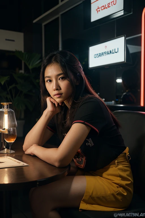 Seorang cewe Taiwan usia 28 tahun cantik putih mulus langsing sedang  jongkok di depan Mobil Ferrari merah,Memakai Setelan jas warna Emas dengan Memakai Sepatu Panthople hitam, berambut Pirang, dengan Seorang Cewe usia 25 tahun sedang bersama y,Di Bawah y Ada Tulisan *Alexander Criville Creator* dengan Ejaan bahasa Indonesia yg benar, tampak bagian bawah mobil terangnoleh Neon box Blue Light,dengan mesin on,lampu LED utama depan menyala terang, Fotography view Real Human HD 32K hyper Realistik 