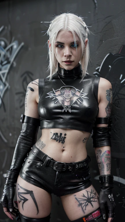 The image features a cyberpunk girl with white hair and tattoos, dressed in black leather clothing. She is wearing a black crop top and has black gloves on. Her clothing is adorned with metal accents and she has a black restaban on. The background is a graffiti-covered wall.