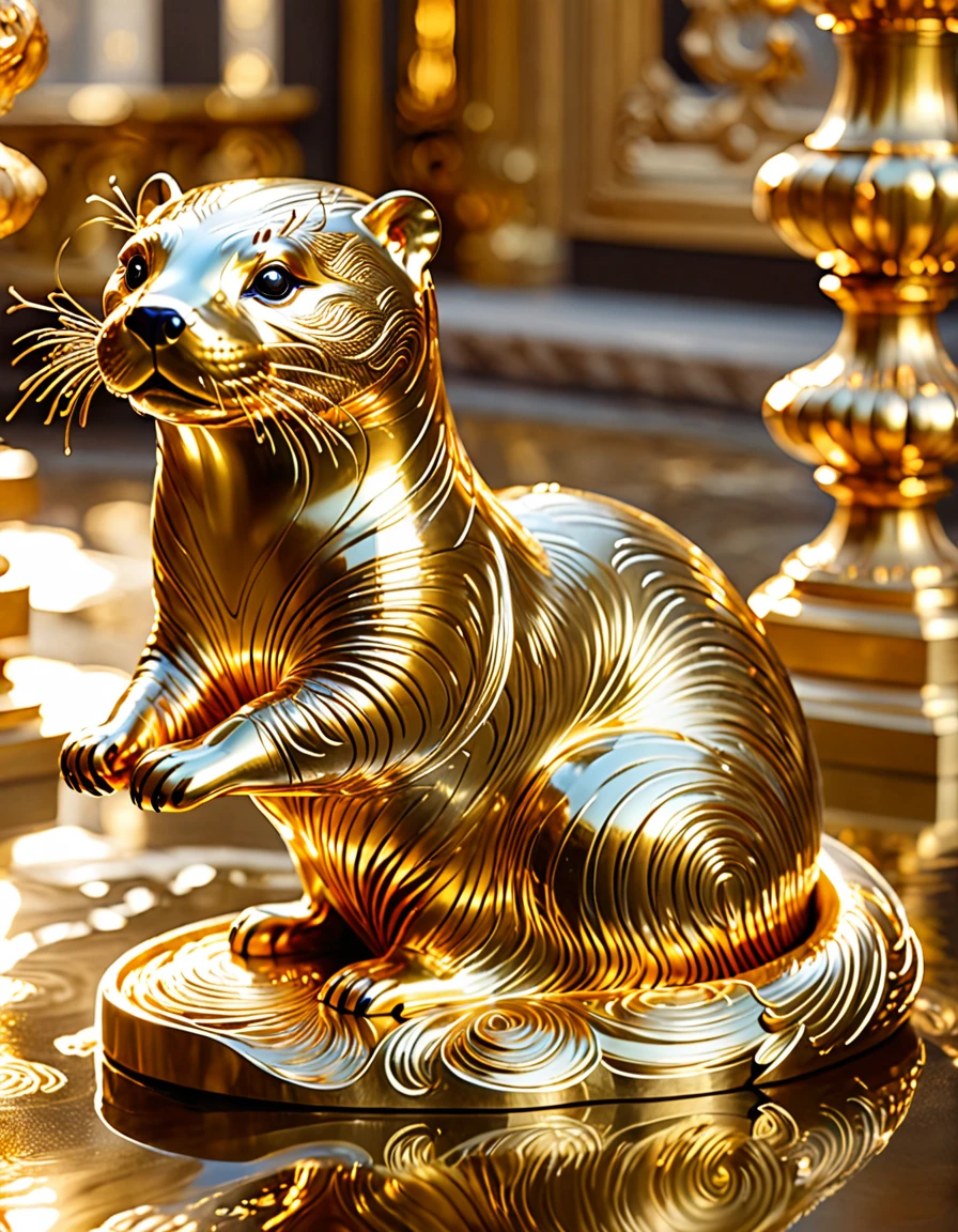 best quality,highres,ultra-detailed,golden otter,golden silk thread,lacquered sculpture, intricate carving,detailed texture,shiny,reflective surface,delicate pattern,ornate design,glowing eyes,playful pose,sculpture in motion,golden light,captivating artistry,aesthetic masterpiece,vivid colors,rich details,impressive craftsmanship,mesmerizing charm,warm golden tones,elegant composition,fantastical elements,illuminated by natural light,exquisite beauty,meticulous attention to detail,stunning golden reflections,precision and intricacy,hallmark of luxury,gleaming and lustrous surface,awe-inspiring work of art,splendid and opulent appearance,hypnotic allure,reflection of opulence and elegance,symbol of prosperity and wealth,a precious treasure that captivates the eyes,exquisite balance of form and radiance,transcendent craftsmanship that evokes wonder and admiration,impeccable artistry that celebrates the beauty of nature.
