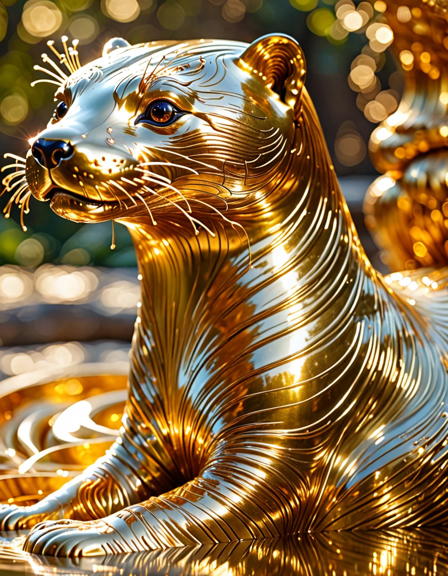best quality,highres,ultra-detailed,golden otter,golden silk thread,lacquered sculpture, intricate carving,detailed texture,shiny,reflective surface,delicate pattern,ornate design,glowing eyes,playful pose,sculpture in motion,golden light,captivating artistry,aesthetic masterpiece,vivid colors,rich details,impressive craftsmanship,mesmerizing charm,warm golden tones,elegant composition,fantastical elements,illuminated by natural light,exquisite beauty,meticulous attention to detail,stunning golden reflections,precision and intricacy,hallmark of luxury,gleaming and lustrous surface,awe-inspiring work of art,splendid and opulent appearance,hypnotic allure,reflection of opulence and elegance,symbol of prosperity and wealth,a precious treasure that captivates the eyes,exquisite balance of form and radiance,transcendent craftsmanship that evokes wonder and admiration,impeccable artistry that celebrates the beauty of nature.