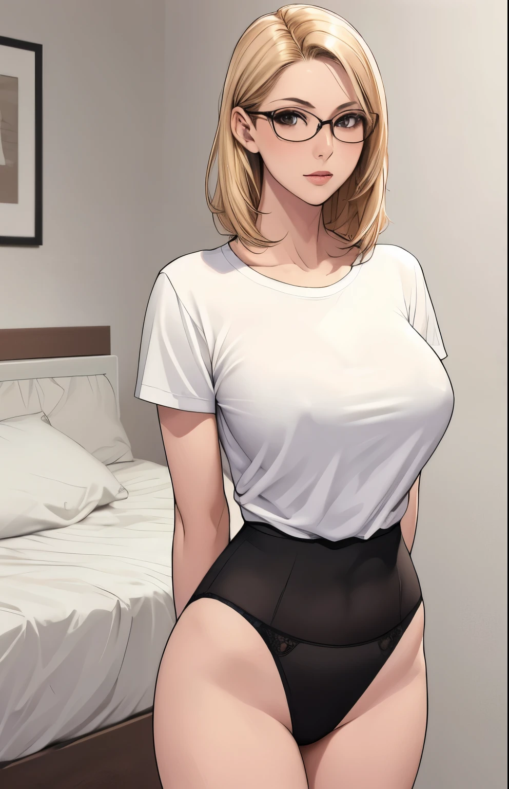 Masterpiece, best quality, high resolution, 1girl,mature female, big breasts, blonde hair, black eyes, slim waist, eyeglasses, looking at viewer, perfect , white t shirt,stringed , arms behind back, bedroom background, pale skin,