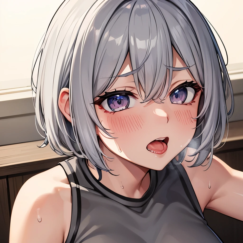 highest quality,32k,Raw photo,Sweat, Ahegao,Short gray hair