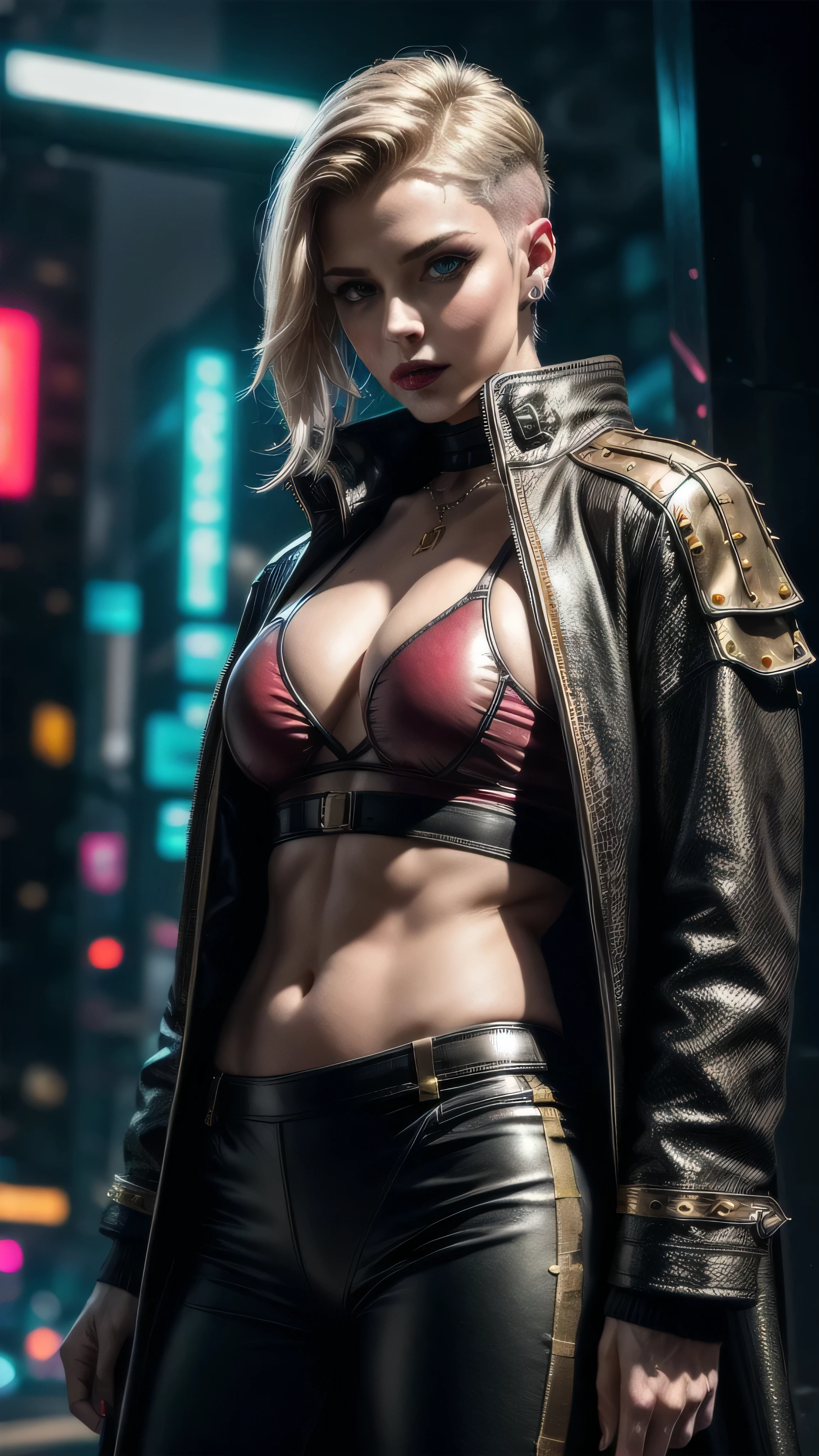 (masterpiece), (extremely intricate:1.3), (realistic), muscular bodybuilder girl, (((short undercut [blonde hair:pink hair:0.7], [flat chest:large breasts:0.6], upper body, makeup:1.6, leather pants, (perfectchainmail black duster trenchcoat, (red gold chinoiserie sportsbra)), red lips, neon night, darkness, shadow, tattoo:1.4, side view, leaning on a stone wall))), outdoors, metal reflections, ((((futuristic cyberpunk street, dangerous)))), professional photograph, sharp focus, dramatic, award winning, cinematic lighting, volumetrics dtx, (film grain, blurry background, blurry foreground, bokeh, depth of field), 8K