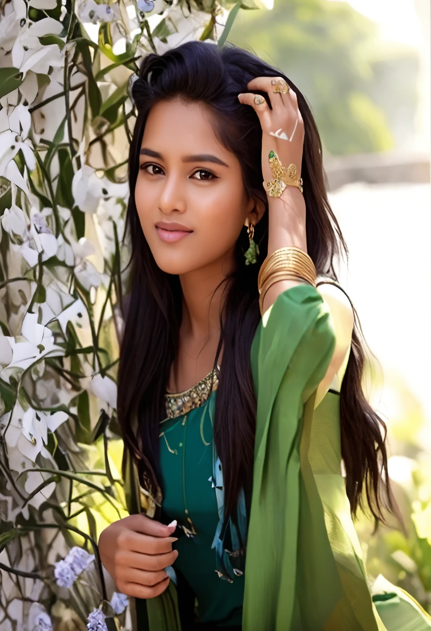 a close up of a woman in a green dress posing for a picture, indian girl with brown skin, cute beautiful, very beautiful girl, beautiful cute, indian, very extremely beautiful, beautiful model, beautiful young girl, with lovely look, sexy girl with dark complexion, beautiful pretty young, traditional beauty, stunning beautiful, very beautiful photo, with cute - fine - face