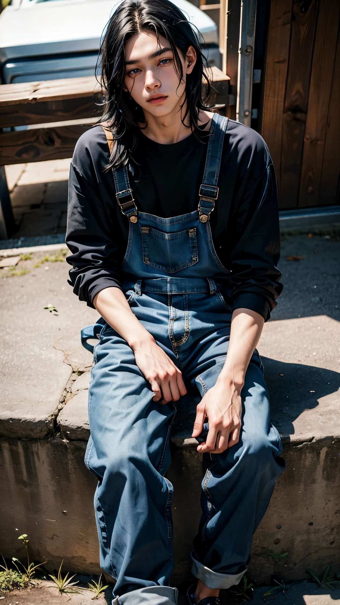  boy, blue eyes, long black hair, cute, sitting, blue overalls, black pants, BOY