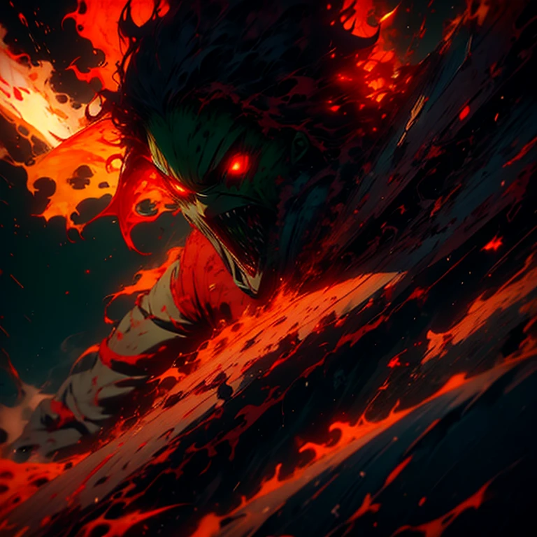 a close up of a person with red eyes, tatsumaki with green curly hair, angry light, mamimi samejima, [ metal ], anime wallaper, the artist has used bright, toga, isekai manga panel, enraged, miko, by Nōami, clean brutal blooded face
