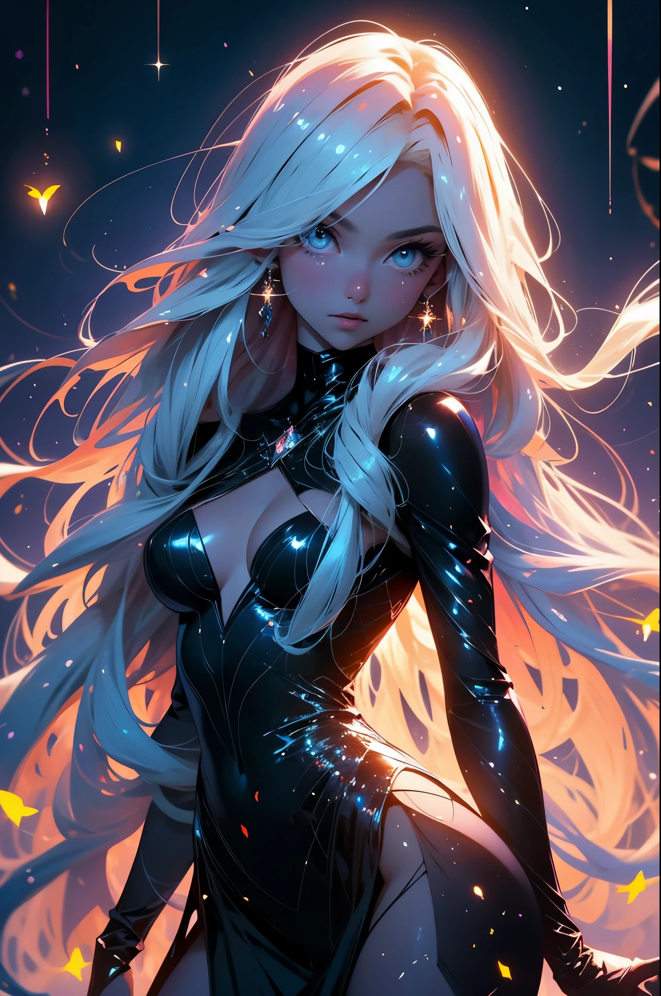 Moon Elf woman greatly favoring Paris Hilton(unearthly beauty, in the shadows she has 8 arms,  amazing proportions, lithe a nd elegant, stars seem to hang and twinkle in her long lustrous hair, (very revealing) dressed in scant extremely fine translucent spider spun silks), seductive, she knows she is being watched,  seductively dancing in in a rolling field of colorful wild flowers in a fantasy world with a blue moon in sky, surrounded by fireflies. She is enticing the viewer into her web