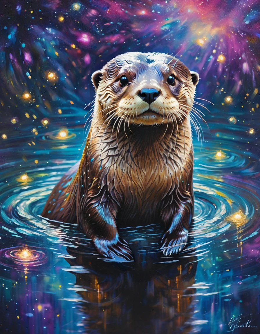 a galaxy-style river otter art painting, best quality, ultra-detailed, realistic, vivid colors, bokeh, oil painting, enchanting scene details, sparkling stars reflecting on the water surface, mesmerizing cosmic colors highlighting the otter's fur, a sense of tranquility and wonder, swirling galaxies in the background, a celestial aura surrounding the otter, captivating eyes that sparkle like distant stars, delicate brushstrokes capturing the otter's playful movements, masterful use of lighting to create depth and dimension, a blend of surrealism and natural beauty, a masterpiece that celebrates the harmony of nature and the universe.