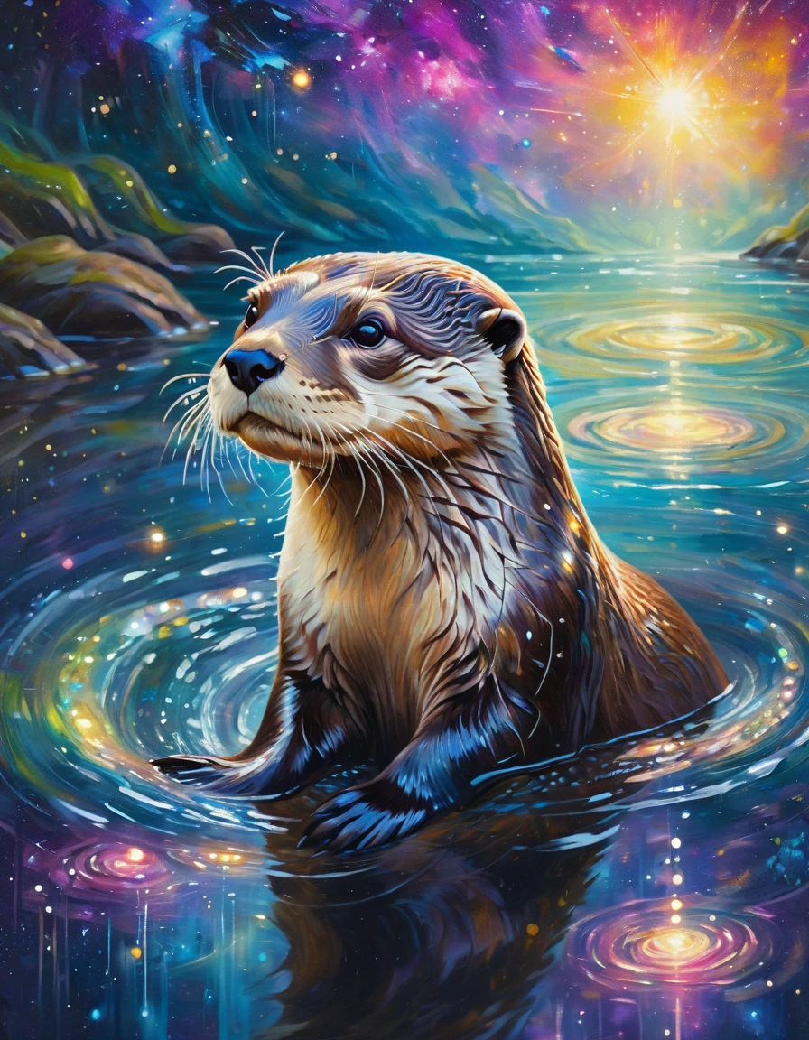 a galaxy-style river otter art painting, best quality, ultra-detailed, realistic, vivid colors, bokeh, oil painting, enchanting scene details, sparkling stars reflecting on the water surface, mesmerizing cosmic colors highlighting the otter's fur, a sense of tranquility and wonder, swirling galaxies in the background, a celestial aura surrounding the otter, captivating eyes that sparkle like distant stars, delicate brushstrokes capturing the otter's playful movements, masterful use of lighting to create depth and dimension, a blend of surrealism and natural beauty, a masterpiece that celebrates the harmony of nature and the universe.