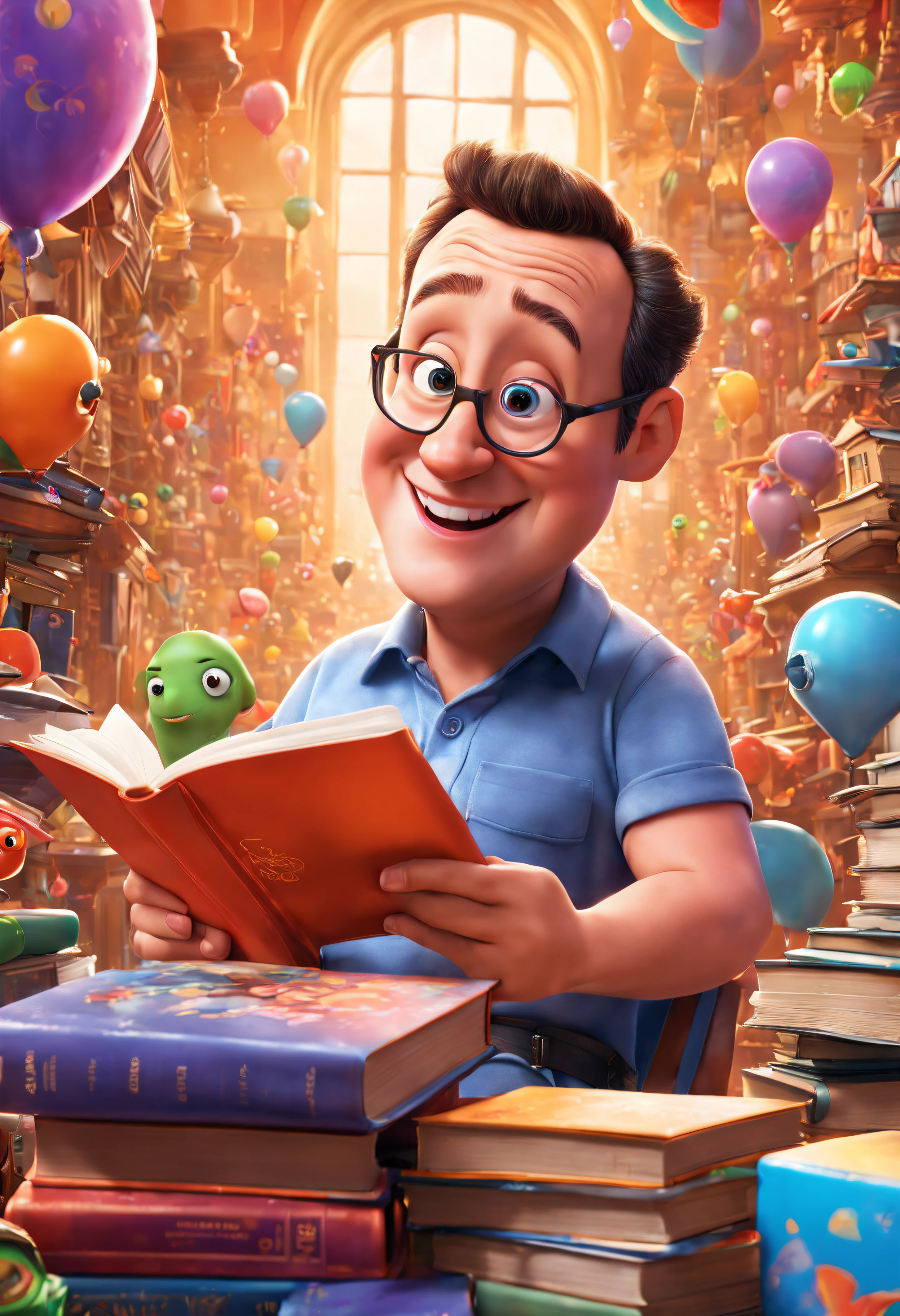 (colores brillantes y vibrantes), (high resolution), (realista:1.37), disney-pixar movie poster, kevin james, flaco, sin musculo, 55-year-old man, (hermosos ojos detallados:1.1), (hermosos labios detallados:1.1), smiling with a warm expression, (apariencia encantadora:1.1), (professional lighting), (renderizado ultrafino), tiro en la parte superior del cuerpo, (rasgos faciales expresivos:1.1), leyendo un libro, (estudiando atentamente:1.1), surrounded by magical elements that represent different Pixar films, (dynamic composition), (detalles caprichosos), (personajes juguetones), fondo vibrante, full of color and joy, (renderizado 3D), (fantastic art style), (nostalgic aesthetic), (Attention to details:1.1).