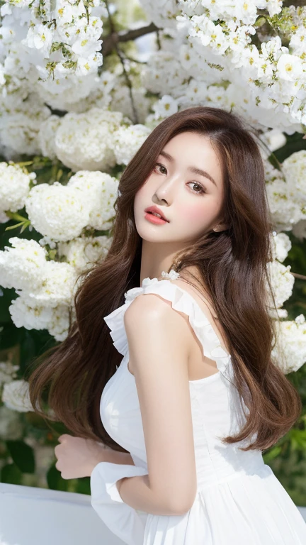 （real， High resolution：1.3）， One girl with a perfect body，16 years old, Very beautiful face and eyes，Long Hair， White blouse dress：1.2，The background is covered with white flowers,Cosmetics advertising