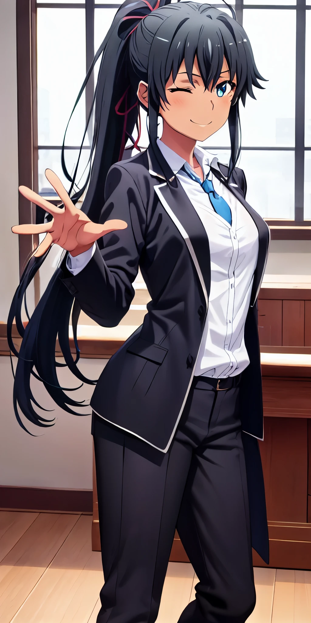 ((best quality)), ((masterpiece)), (detailed) 1girl 1girl, ;\), blurry, blurry_background, breasts, , hair_ponytail ribbon, looking_at_viewer, ok_sign, one_eye_closed, open_hand, Yukinoshita Yukino ,Woman wearing formal clothes, An attractive coat stands in a large gap in the room , 1girl, solo, blue necktie, Black hair, eyes blue, long hair, smile , collared shirt, white pants, white shirt , Elegantly designed coat , Stand in front of a window ,Perfectly tailored tailcoat. It has a stunning Victorian design and is made of lustrous fabric, dark skin gyaru black skin