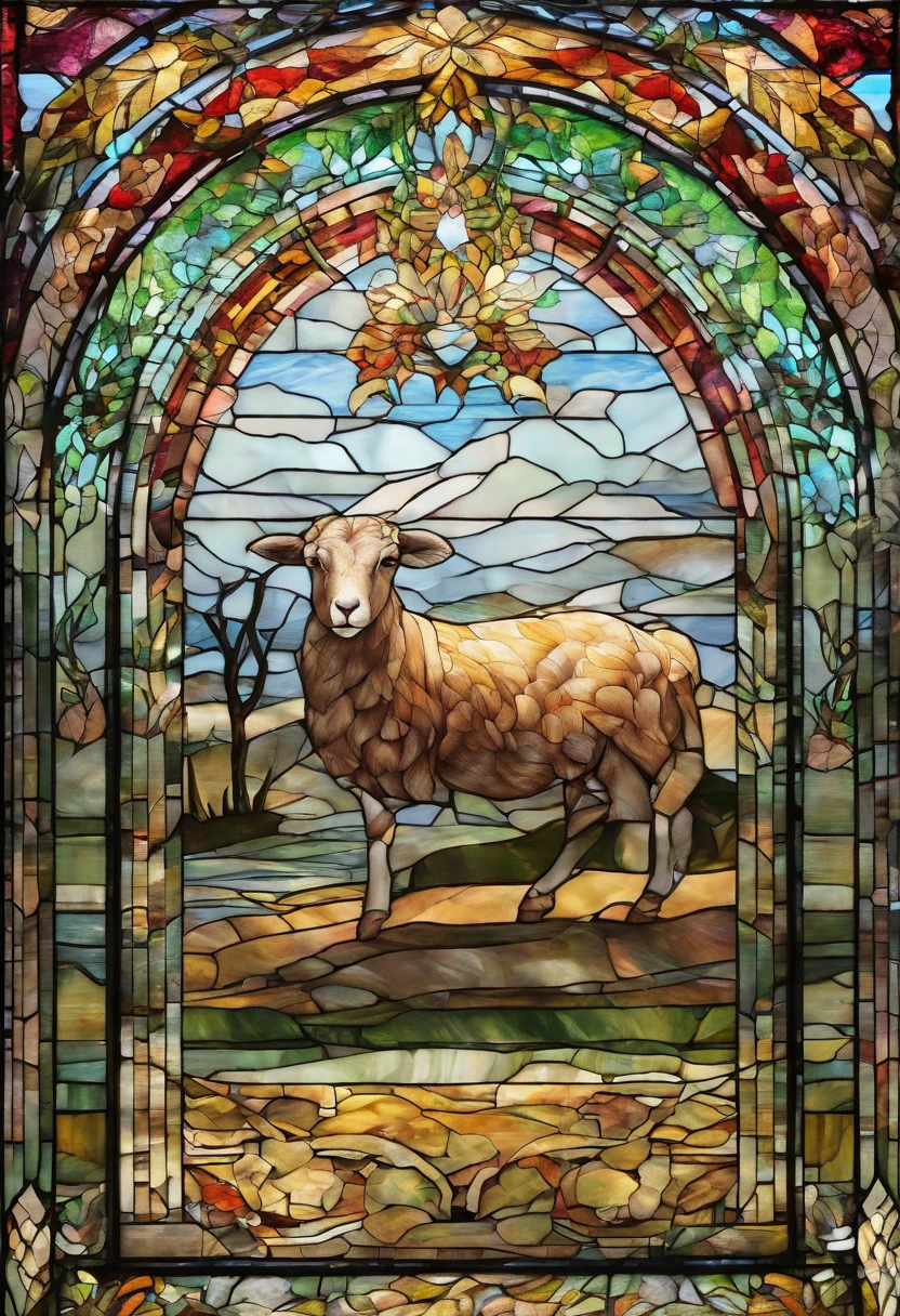(best quality,4k,8k,highres,masterpiece:1.2),ultra-detailed,(realistic,photorealistic,photo-realistic:1.37), a hornles lamb, lying down on its side on the ground, wounded and blood on his wounds, yet he has a victorious look. Well-defined, multicolored patterns; opacity at the ends, clarity at the center, luminous colors, vibrant tones, fine details, glass texture, light shining through the window, divine atmosphere, shadows and reflections, artistic interpretation.