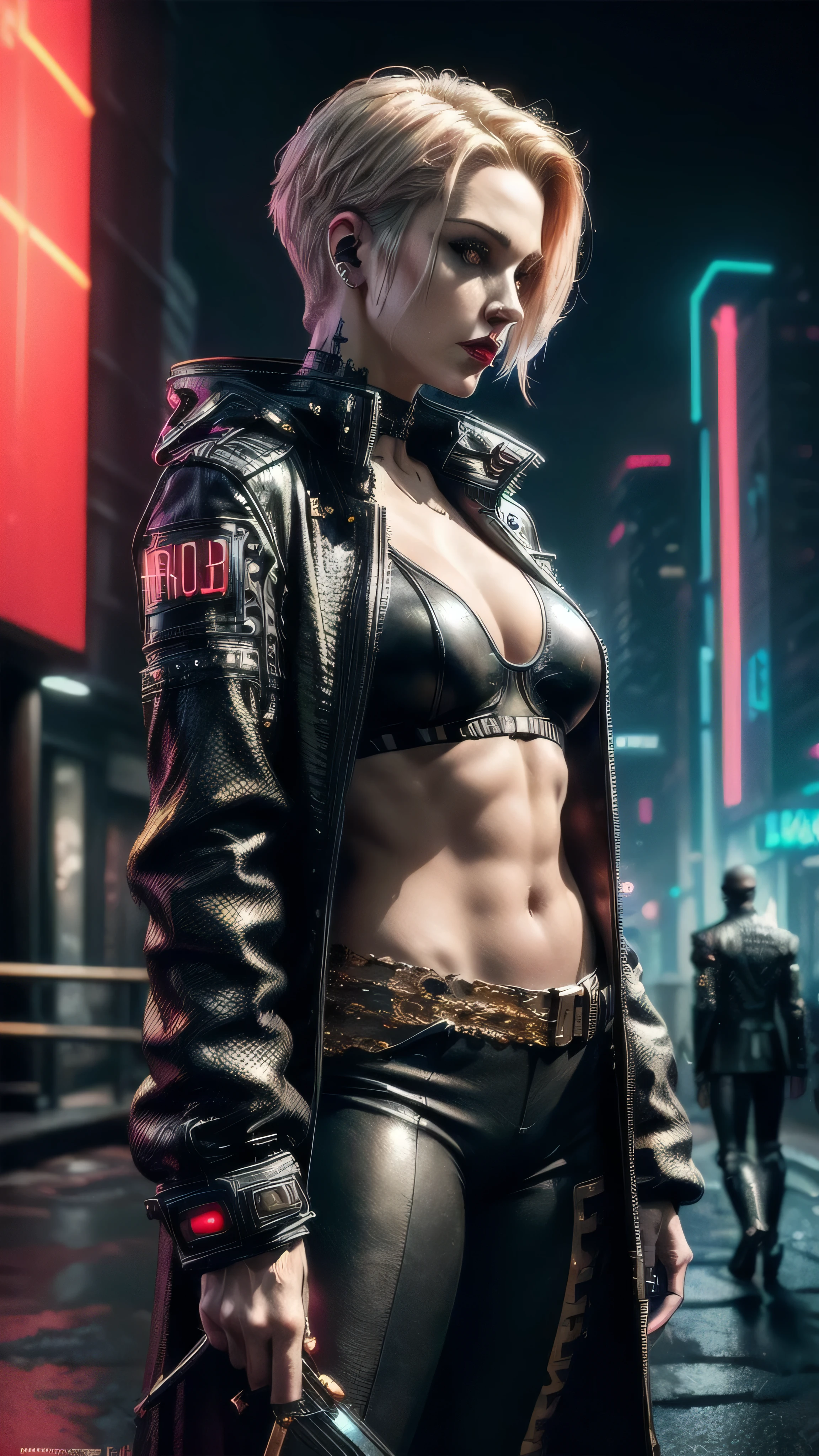 (masterpiece), (extremely intricate:1.3), (realistic), muscular bodybuilder girl, (((short undercut [blonde hair:pink hair:0.7], [flat chest:large breasts:0.6], upper body, makeup:1.6, leather pants, (perfectchainmail black duster trenchcoat, (red gold chinoiserie sportsbra)), red lips, neon night, darkness, shadow, tattoo:1.4, side view, leaning on a stone wall))), outdoors, metal reflections, ((((futuristic cyberpunk street, dangerous)))), professional photograph, sharp focus, dramatic, award winning, cinematic lighting, volumetrics dtx, (film grain, blurry background, blurry foreground, bokeh, depth of field), 8K