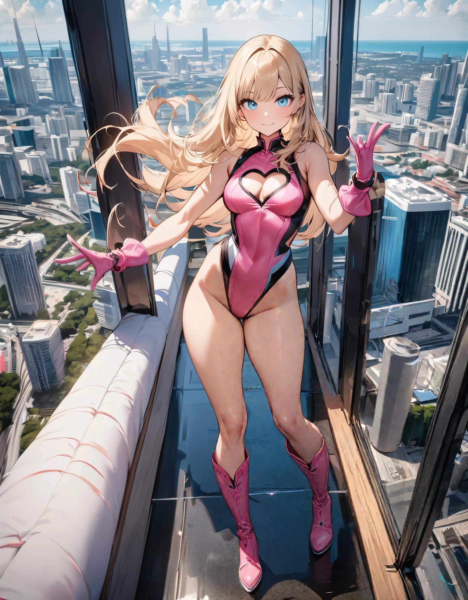 ((masterpiece)), ((best quality)), ((high res)), 1girl, solo, (leotard, perfect leotard, pink leotard, sleeveless, bare legs), matching boots, looking at the viewer, miami city backdrop, perfect eyes, perfect legs, perfect arms, perfect hands, complete fingers, perfect anatomy, perfect proportions, medium breasts, (blonde hair, long hair, hair down, bangs), knee boots, blue eyes, beautiful detailed eyes, beautiful detailed face, cute face, (one cleavage heart cutout), pink gloves, pink footwear, superhero, casual, smile, single, standing, standing straight, full body with costume