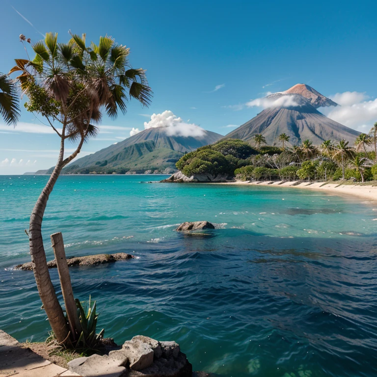 isla con mar y palmeras y un volcan al fondo