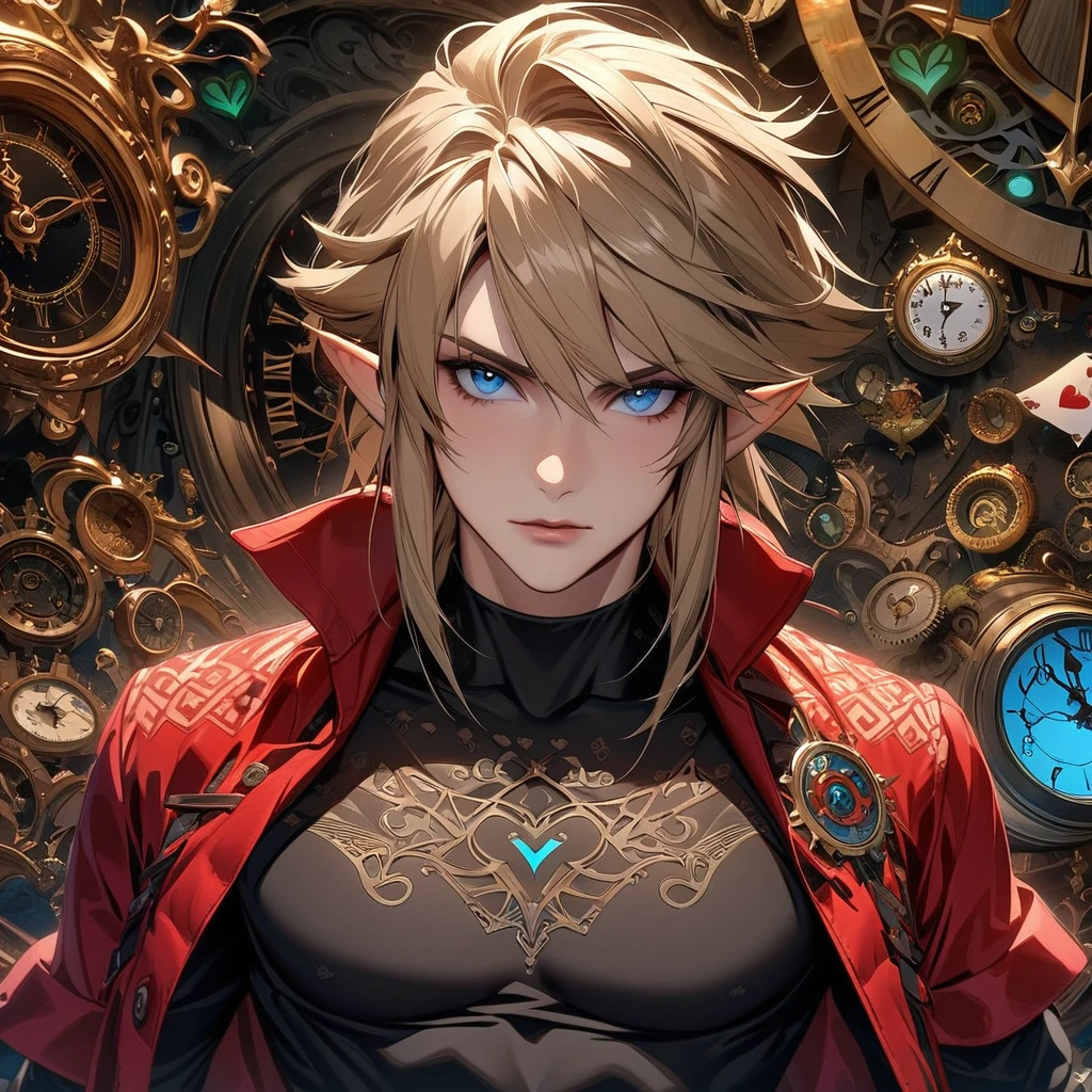 Ultra detailed, highres, absurdres, HDR, Link, ash blond hair, blue eyes, the legend of zelda, red long coat, black tight shirt with patterns, clock, gear, in wonderland, heart cards,  man, solo, handsome, very detailed face and eyes, black gloves