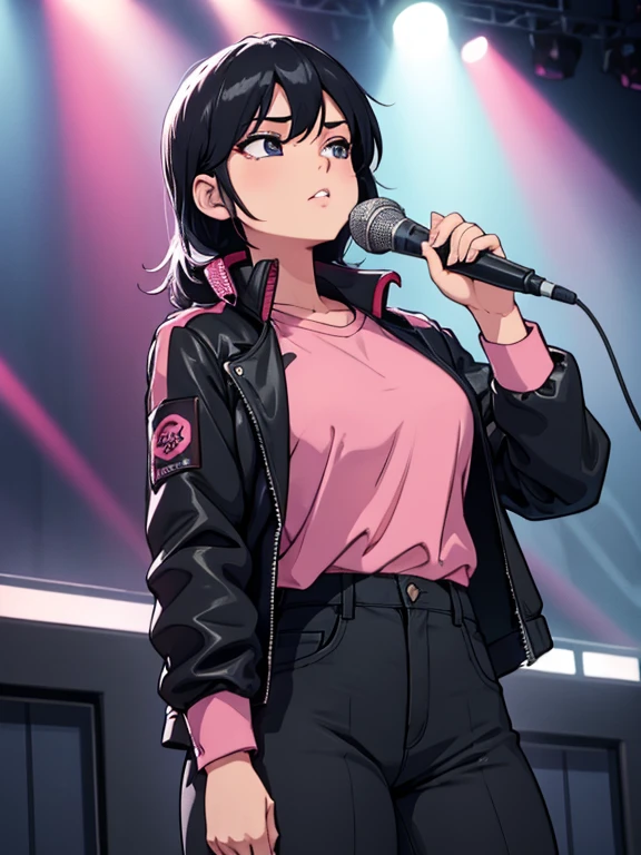 masterpiece, highest quality, One girl, Upper Body, Jiro, Fine grain, Pink Shirt, Black jacket, Torn clothes, concert, (stage)