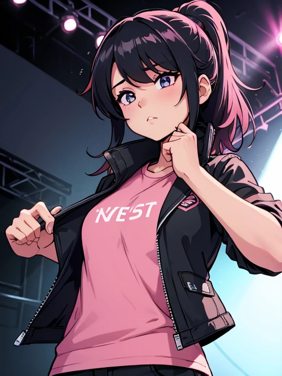 masterpiece, highest quality, One girl, Upper Body, Jiro, Fine grain, Pink Shirt, Black jacket, Torn clothes, concert, (stage)