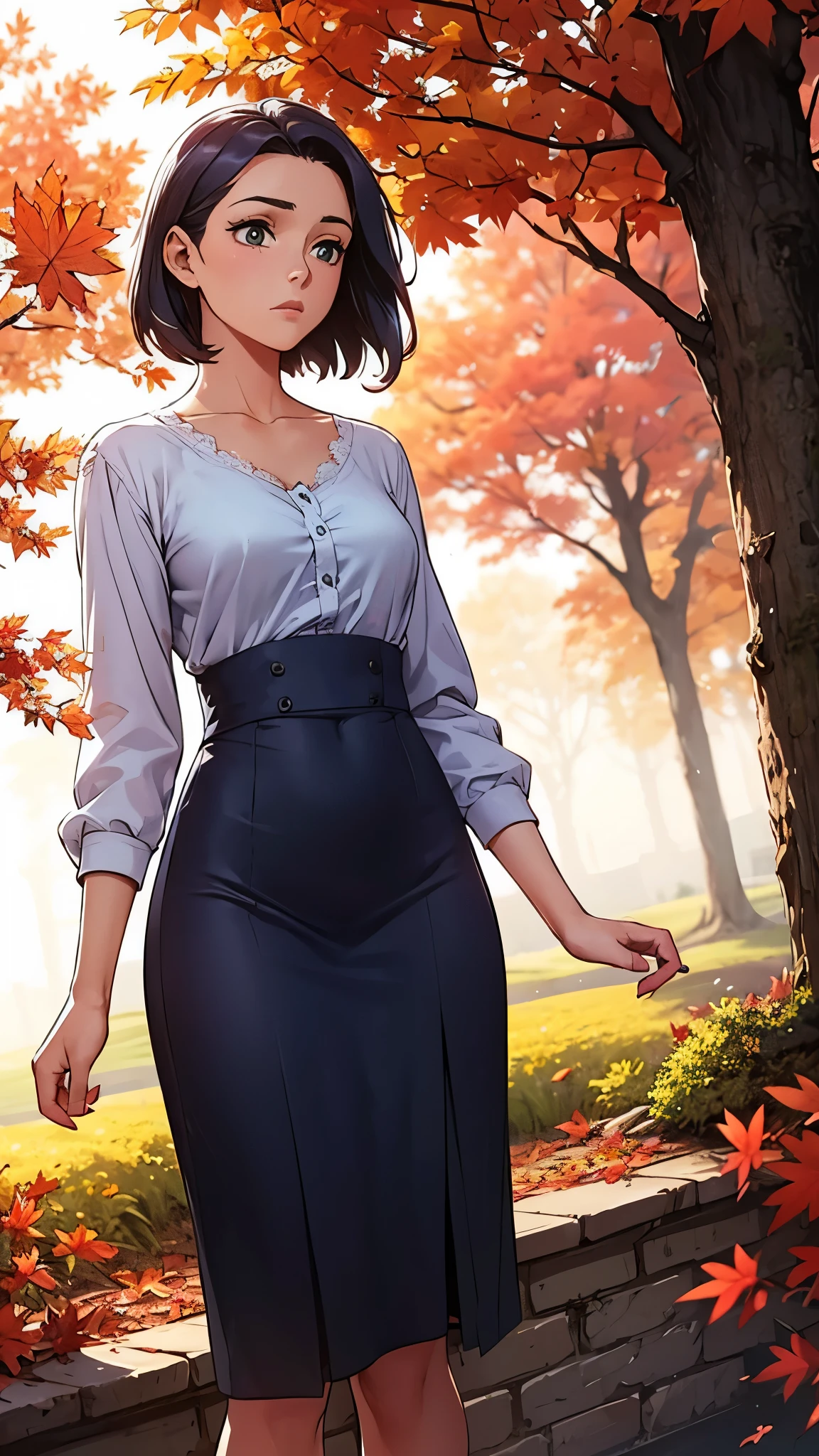 Mature Woman　(short hair)　(Pixie Cut)　plump　　attractive appearance　Short brown hair with bangs　Rimless Glasses　Big eyes　Expressions of joy　　Large breasts　A fitted shirt and a maxi-length flared skirt　at the park　　masterpiece　humidity　　Drawing from below　Portraiture　　Low - Angle　Beautiful feet　　　Skirt fluttering in the wind　Flip-up skirt　　　Accentuate the crotch　she&#39;not wearing panties under the skirt　Genitals are exposed　The skirt was pulled up　Accurate Body Composition
