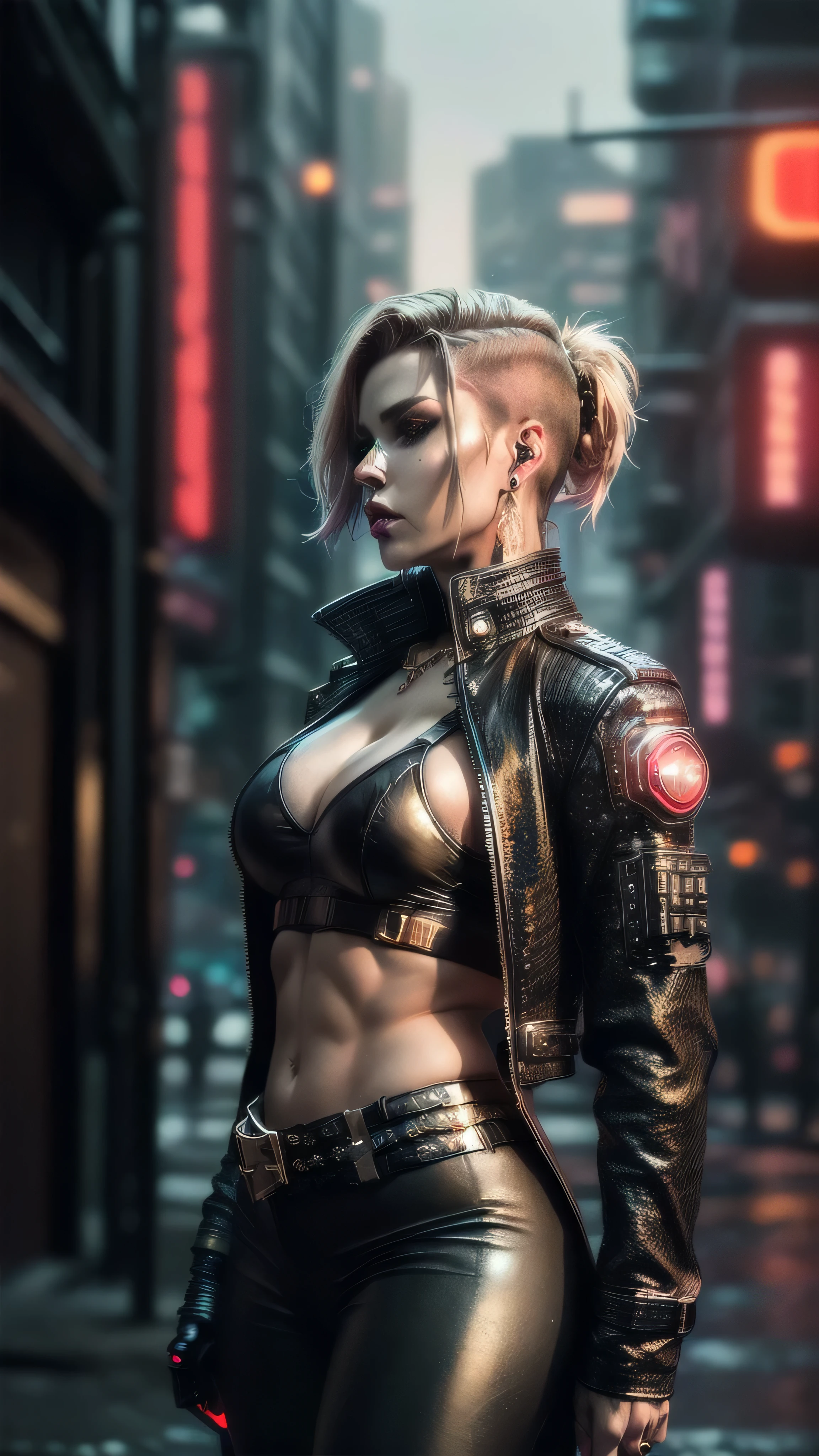 (masterpiece), (extremely intricate:1.3), (realistic), muscular bodybuilder girl, (((short undercut [blonde hair:pink hair:0.7], [flat chest:large breasts:0.6], upper body, makeup:1.6, leather pants, (perfectchainmail black duster trenchcoat, (red gold chinoiserie sportsbra)), red lips, neon night, darkness, shadow, tattoo:1.4, side view, leaning on a stone wall))), outdoors, metal reflections, ((((futuristic cyberpunk street, dangerous)))), professional photograph, sharp focus, dramatic, award winning, cinematic lighting, volumetrics dtx, (film grain, blurry background, blurry foreground, bokeh, depth of field), 8K