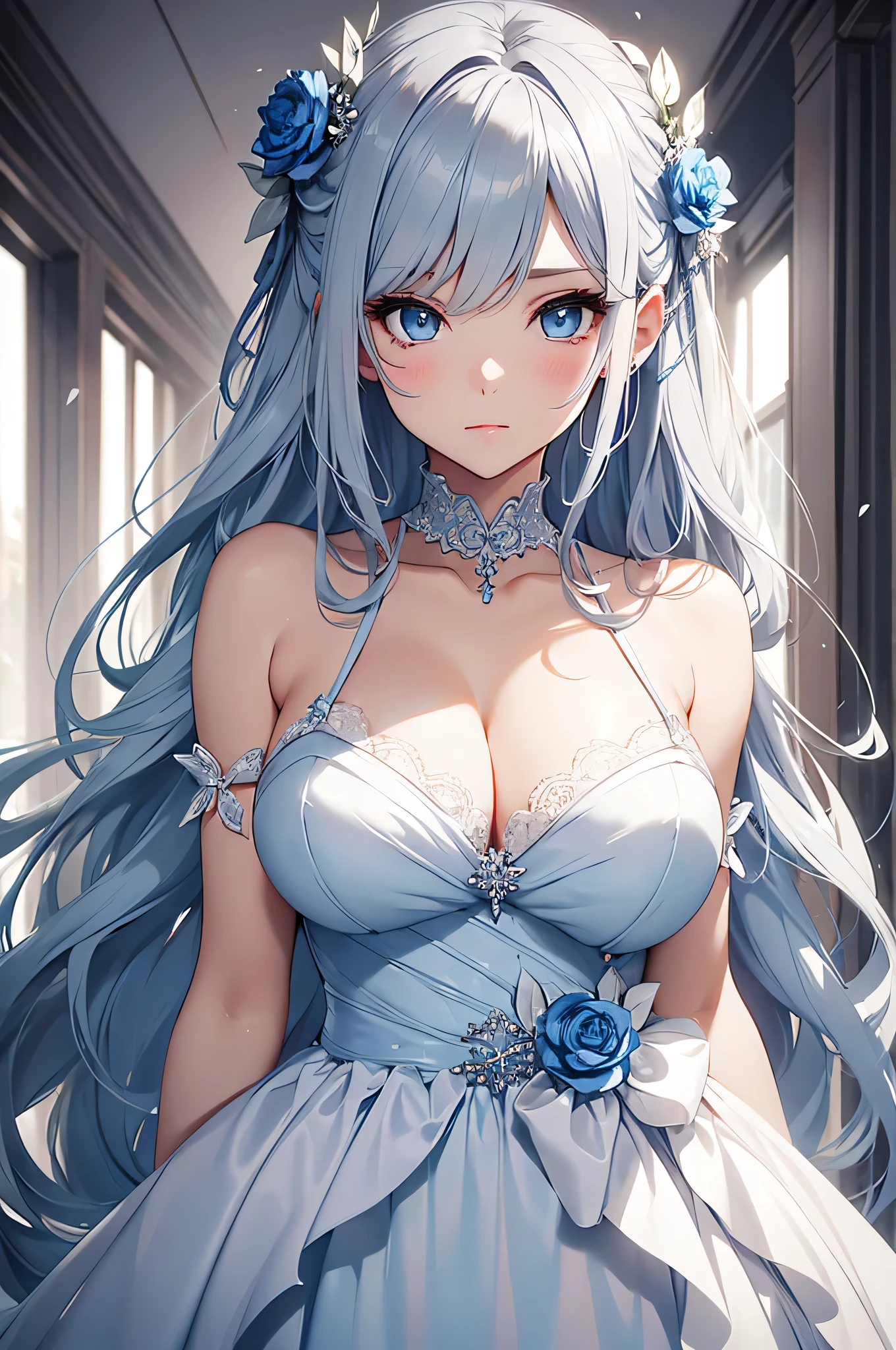 beautiful girl, Gray Hair, blue eyes, Sexy light blue wedding dress, Big Breasts、blue hair ornament、to close range