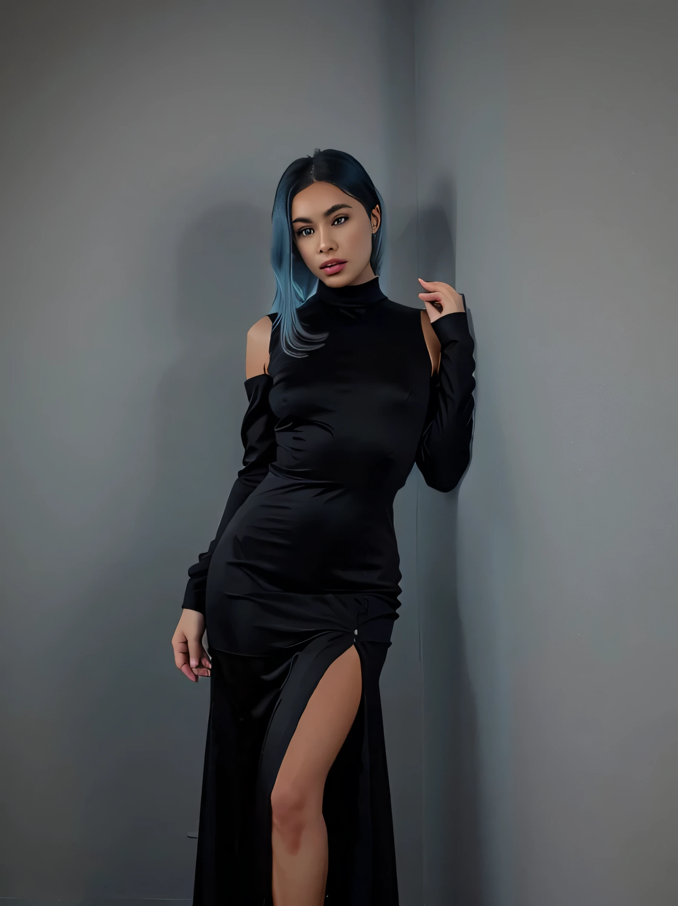 A Photorealistic portrait of a 24-year-old American girl pretty looking face  standing in an interior space with metallic walls. that reflect light, giving the area a modern and sleek appearance. She is wearing a black dress with a deep V-neckline and a high slit on one side, revealing her legs. Her hair is styled in a long with blue hair, wavy manner, and she has a neutral expression on her face. The lighting highlights her figure, suggesting that the photo might have been taken at an event or during a photoshoot.UHD,4K,DSLR.