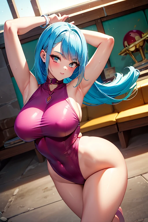 a cartoon image of Bulma of Dragon Ball, cabello largo suelto, is wearing a Monokini yellow,
sexy leotardo latex wetlook, cabello largo detallado, gafas de esqui rojas en la cabeza, cara muy detallada,
ropa detallada, tela detallada, cuerpo perfectamente dibujado,
Hermoso rostro, labios sensuales , mejillas rosadas, delgada, pechos grandes, cadera grande,
cuerpo completo:: Tiempo soleado::, bikini realista, pose(brazo izquierdo arriba, brazo derecho
recogido cerca del pecho + feliz), running sexy slowly towards the viewer high resolution commission, Pixiv 3DCG
